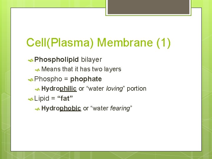 Cell(Plasma) Membrane (1) Phospholipid Means Phospho that it has two layers = phophate Hydrophilic