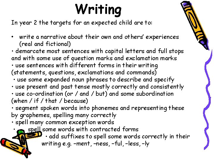 Writing In year 2 the targets for an expected child are to: • write