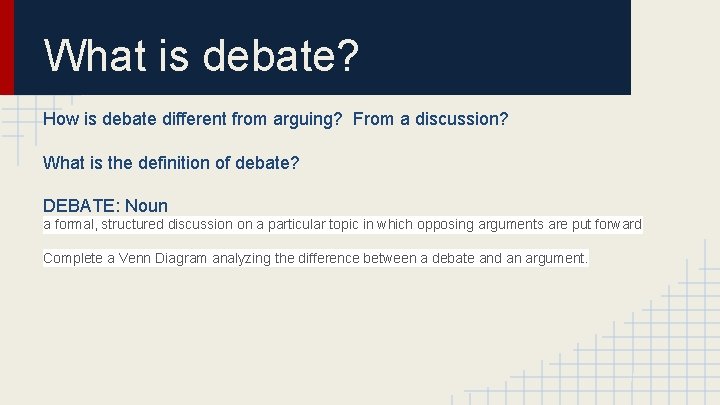What is debate? How is debate different from arguing? From a discussion? What is