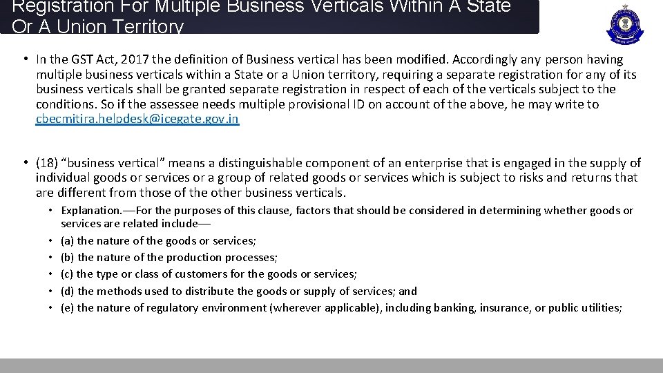 Registration For Multiple Business Verticals Within A State Or A Union Territory • In