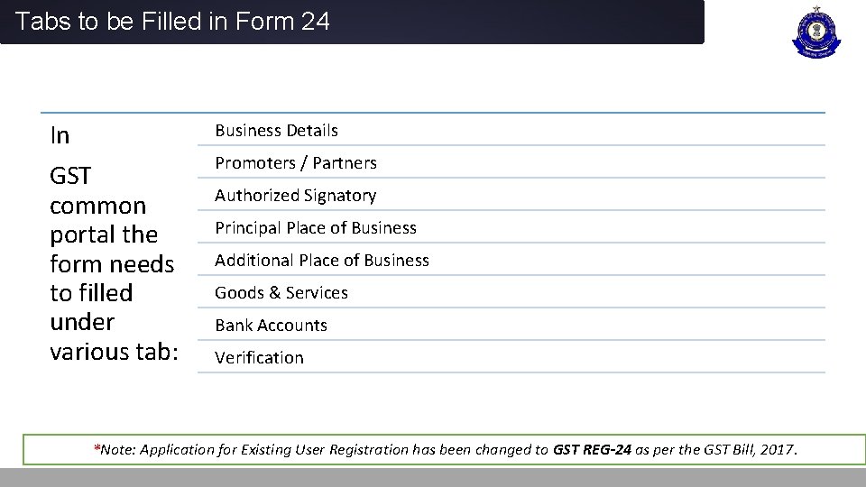 Tabs to be Filled in Form 24 In GST common portal the form needs
