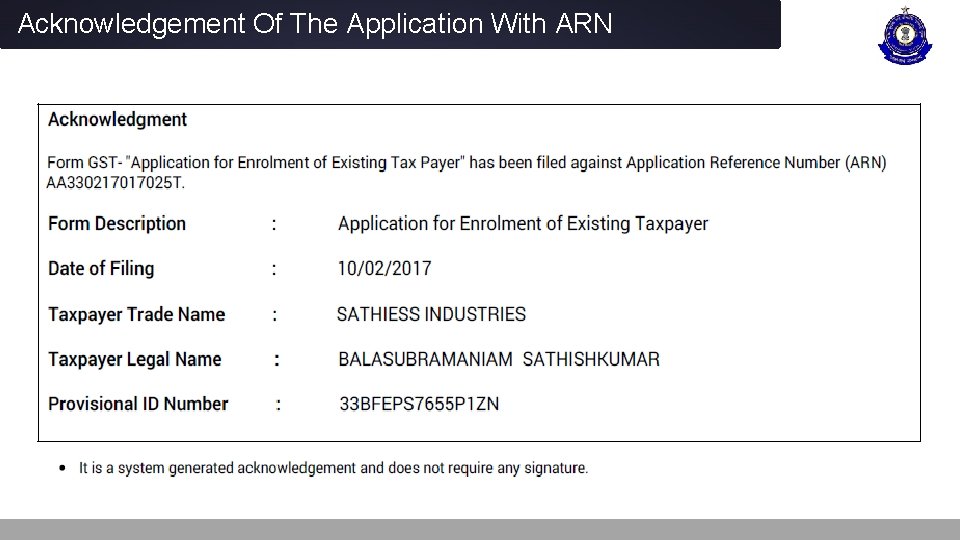 Acknowledgement Of The Application With ARN 