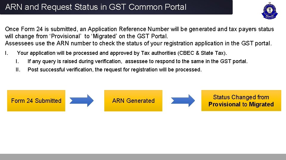 ARN and Request Status in GST Common Portal Once Form 24 is submitted, an