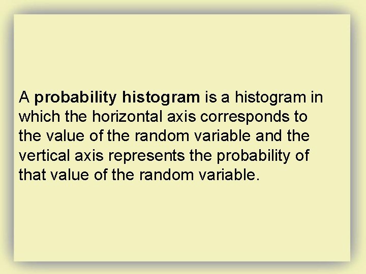 A probability histogram is a histogram in which the horizontal axis corresponds to the