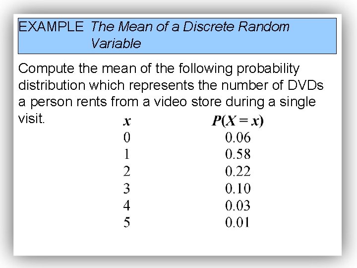 EXAMPLE The Mean of a Discrete Random Variable Compute the mean of the following