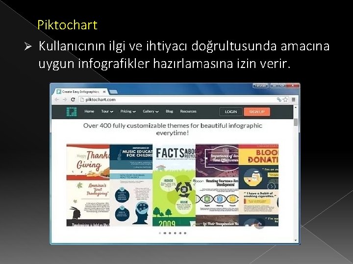 Piktochart Ø Kullanıcının ilgi ve ihtiyacı doğrultusunda amacına uygun infografikler hazırlamasına izin verir. 
