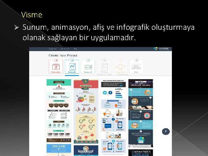 Visme Ø Sunum, animasyon, afiş ve infografik oluşturmaya olanak sağlayan bir uygulamadır. 