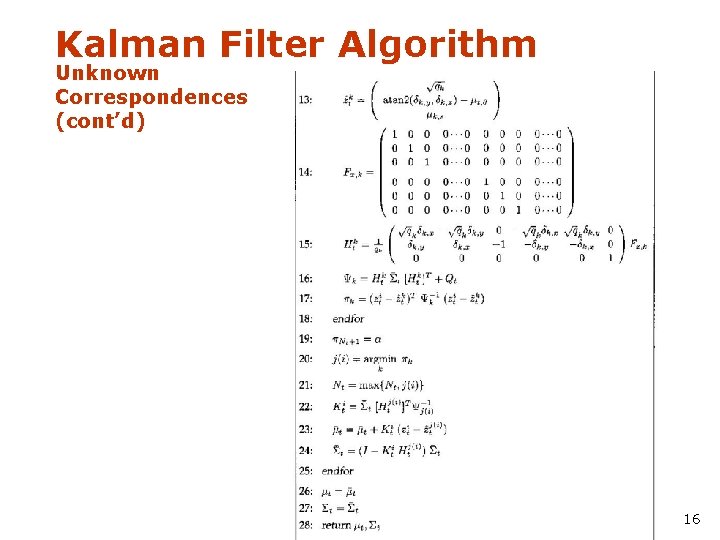 Kalman Filter Algorithm Unknown Correspondences (cont’d) 16 