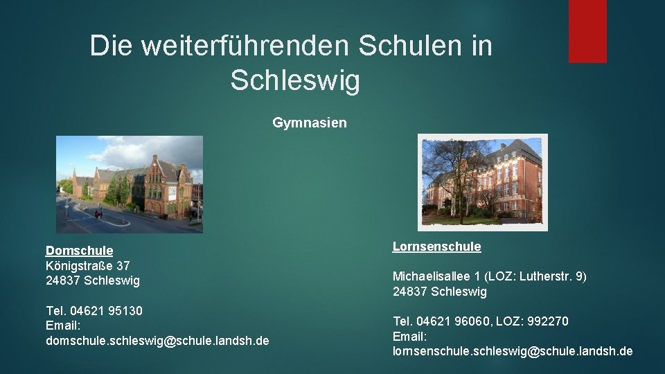 Die weiterführenden Schulen in Schleswig Gymnasien Domschule Königstraße 37 24837 Schleswig Tel. 04621 95130