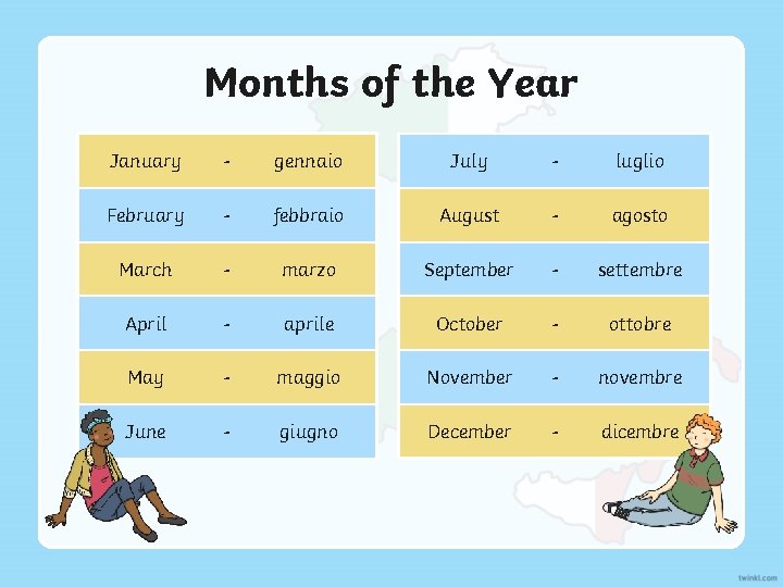Months of the Year January - gennaio July - luglio February - febbraio August