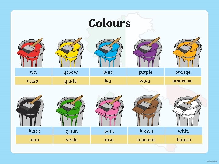 Colours red yellow blue purple orange rosso giallo blu viola arancione black green pink