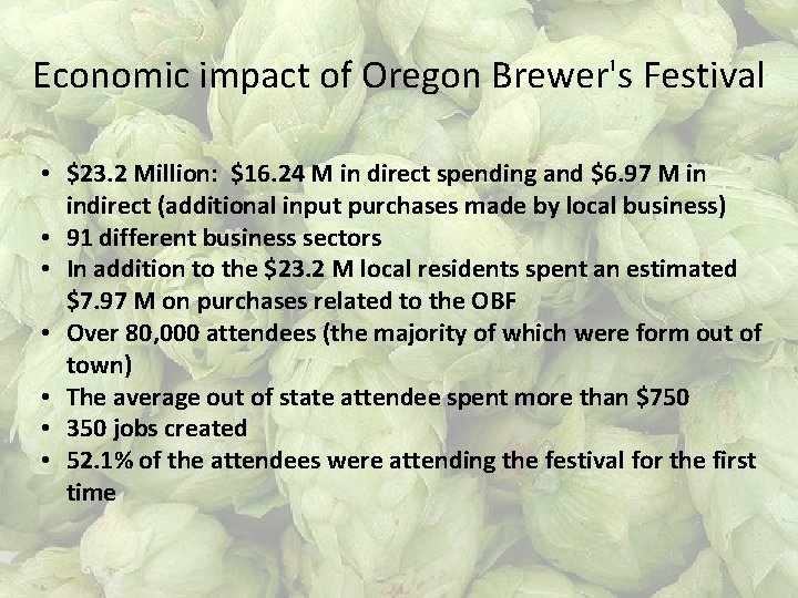 Economic impact of Oregon Brewer's Festival • $23. 2 Million: $16. 24 M in