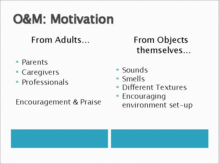 O&M: Motivation From Adults… Parents Caregivers Professionals Encouragement & Praise From Objects themselves… Sounds