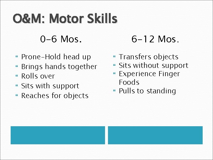 O&M: Motor Skills 0 -6 Mos. Prone-Hold head up Brings hands together Rolls over