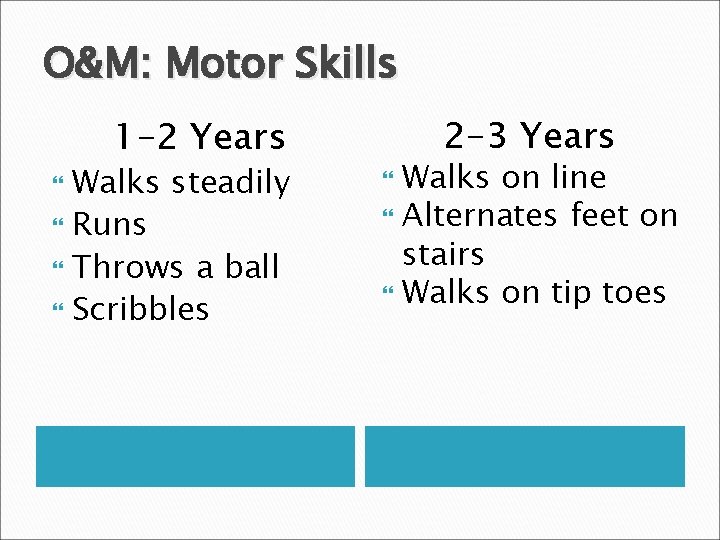 O&M: Motor Skills 1 -2 Years Walks steadily Runs Throws a ball Scribbles 2