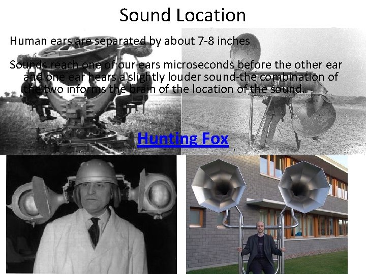 Sound Location Human ears are separated by about 7 -8 inches Sounds reach one