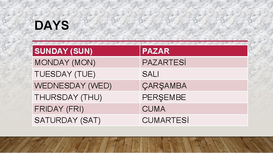 DAYS SUNDAY (SUN) MONDAY (MON) TUESDAY (TUE) WEDNESDAY (WED) THURSDAY (THU) FRIDAY (FRI) SATURDAY