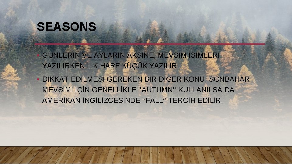 SEASONS • GÜNLERİN VE AYLARIN AKSİNE, MEVSİM İSİMLERİ YAZILIRKEN İLK HARF KÜÇÜK YAZILIR. •