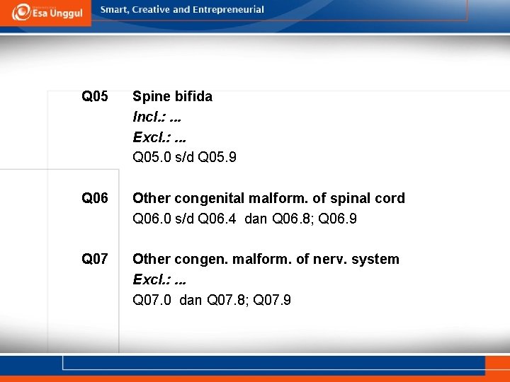 Q 05 Spine bifida Incl. : . . . Excl. : . . . Q 05 Spine bifida Incl. : . . . Excl. : . . .