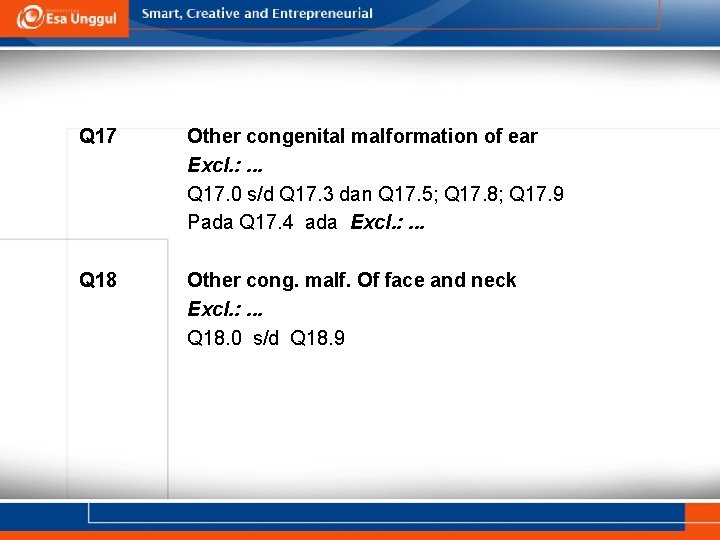 Q 17 Other congenital malformation of ear Excl. : . . . Q 17. Q 17 Other congenital malformation of ear Excl. : . . . Q 17.