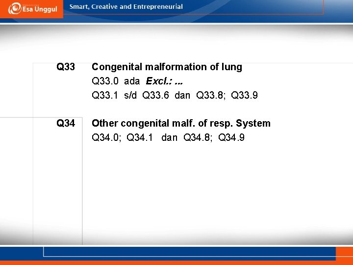 Q 33 Congenital malformation of lung Q 33. 0 ada Excl. : . . Q 33 Congenital malformation of lung Q 33. 0 ada Excl. : . .