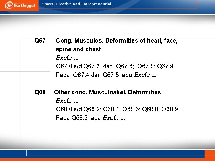 Q 67 Cong. Musculos. Deformities of head, face, spine and chest Excl. : . Q 67 Cong. Musculos. Deformities of head, face, spine and chest Excl. : .