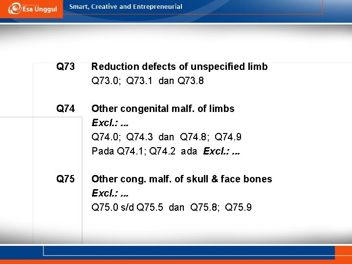 Q 73 Reduction defects of unspecified limb Q 73. 0; Q 73. 1 dan Q 73 Reduction defects of unspecified limb Q 73. 0; Q 73. 1 dan
