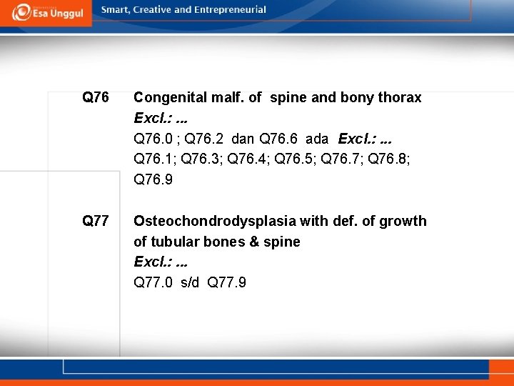 Q 76 Congenital malf. of spine and bony thorax Excl. : . . . Q 76 Congenital malf. of spine and bony thorax Excl. : . . .