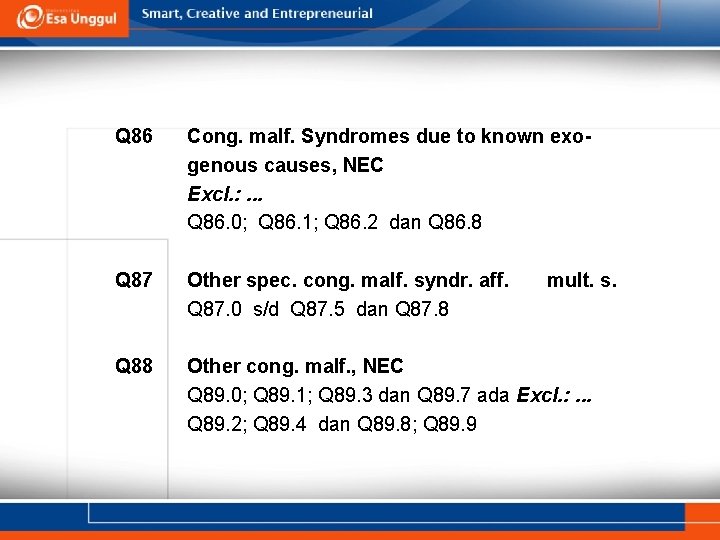 Q 86 Cong. malf. Syndromes due to known exogenous causes, NEC Excl. : . Q 86 Cong. malf. Syndromes due to known exogenous causes, NEC Excl. : .