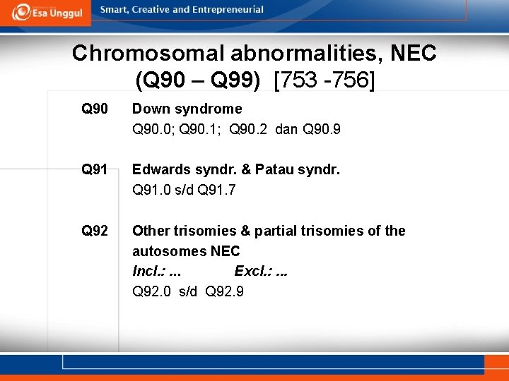 Chromosomal abnormalities, NEC (Q 90 – Q 99) [753 -756] Q 90 Down syndrome