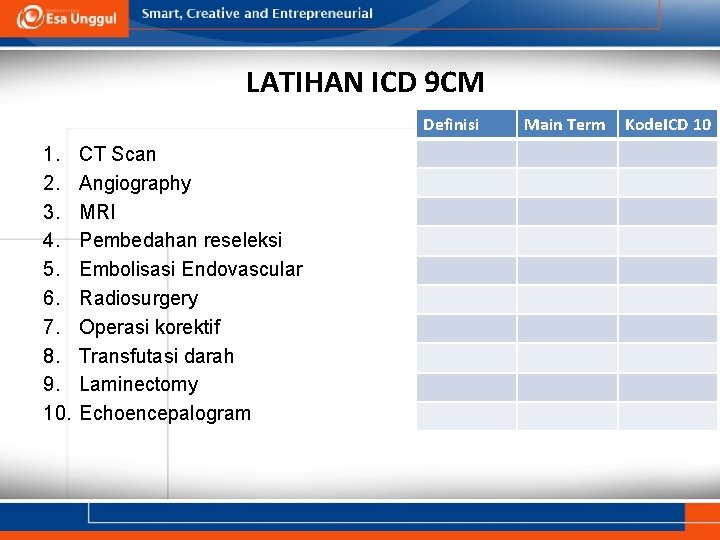 LATIHAN ICD 9 CM Definisi 1. 2. 3. 4. 5. 6. 7. 8. 9. LATIHAN ICD 9 CM Definisi 1. 2. 3. 4. 5. 6. 7. 8. 9.