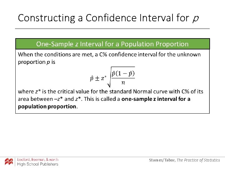 Constructing a Confidence Interval for p One-Sample z Interval for a Population Proportion Starnes/Tabor,