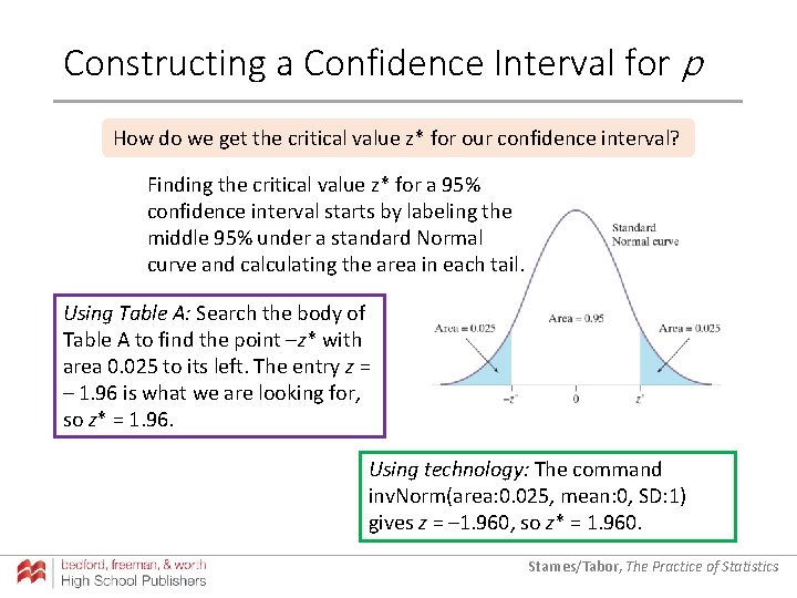 Constructing a Confidence Interval for p How do we get the critical value z*