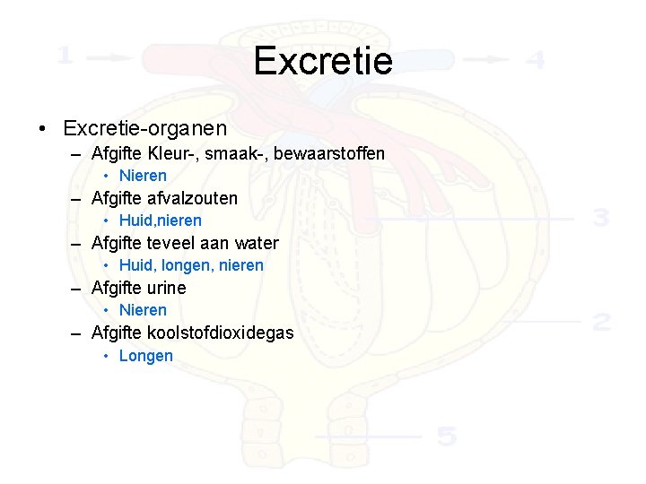 Excretie • Excretie-organen – Afgifte Kleur-, smaak-, bewaarstoffen • Nieren – Afgifte afvalzouten •