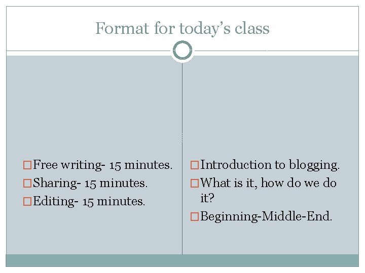 Format for today’s class �Free writing- 15 minutes. �Introduction to blogging. �Sharing- 15 minutes.