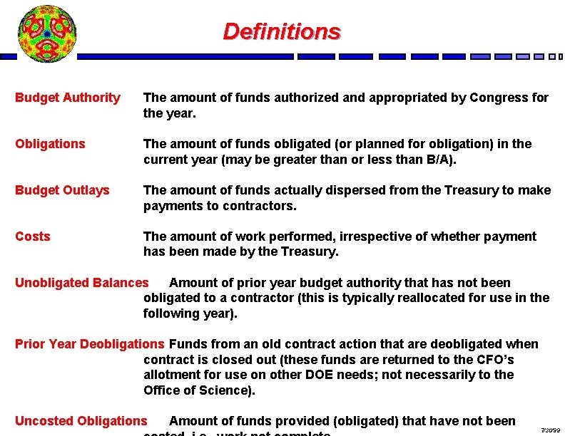 Definitions Budget Authority The amount of funds authorized and appropriated by Congress for the