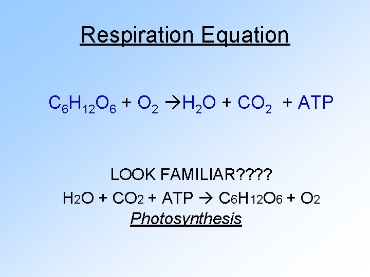 Respiration Equation C 6 H 12 O 6 + O 2 H 2 O