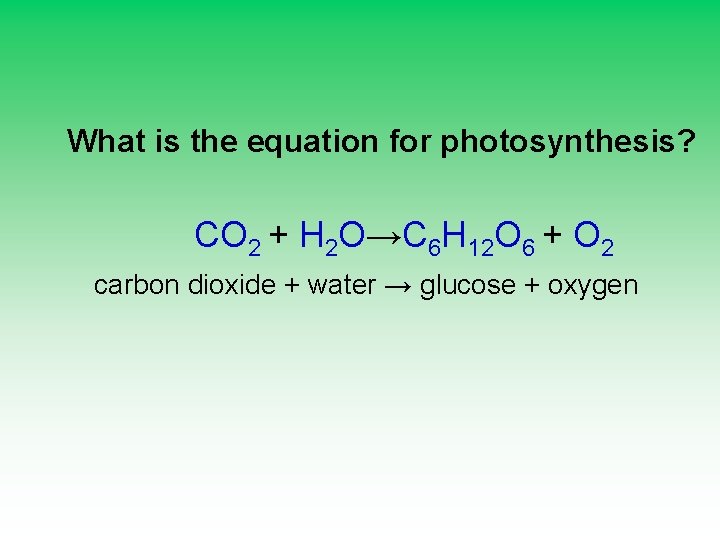 What is the equation for photosynthesis? CO 2 + H 2 O→C 6 H