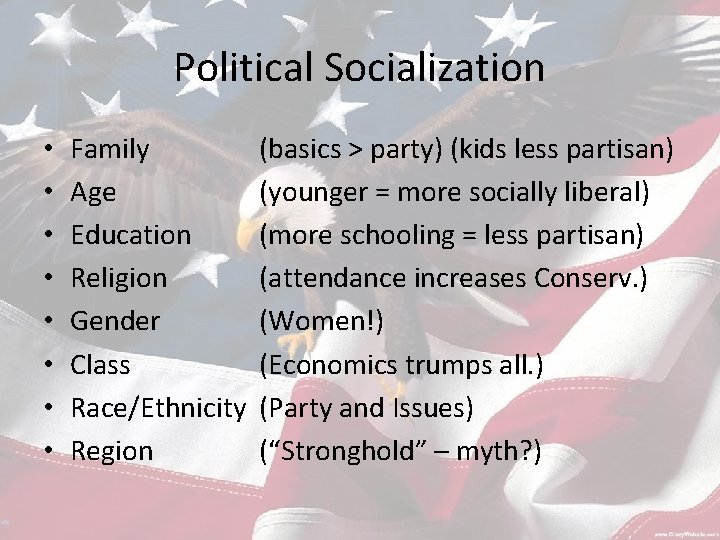 Political Socialization • • Family Age Education Religion Gender Class Race/Ethnicity Region (basics >