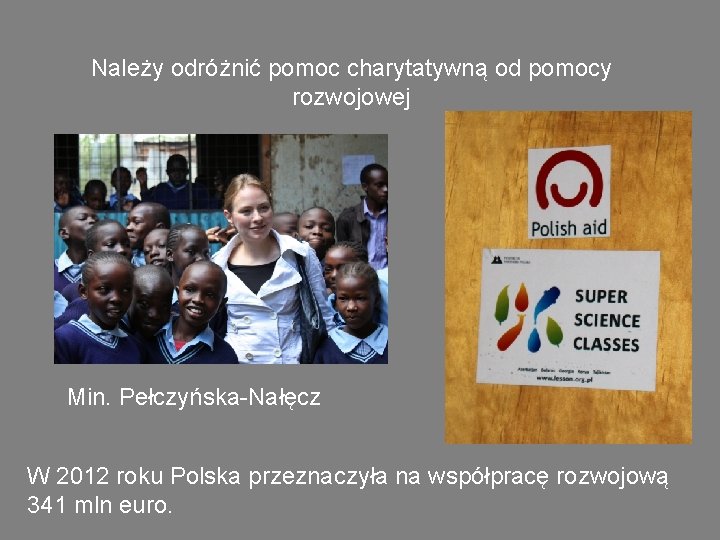 Należy odróżnić pomoc charytatywną od pomocy rozwojowej Min. Pełczyńska-Nałęcz W 2012 roku Polska przeznaczyła
