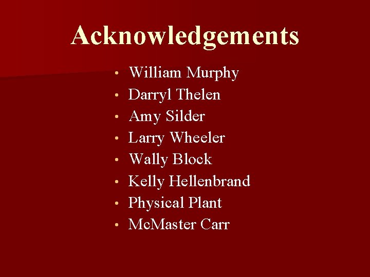 Acknowledgements • • William Murphy Darryl Thelen Amy Silder Larry Wheeler Wally Block Kelly