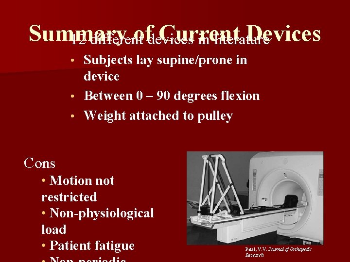 Summary ofdevices Current Devices 12 different in literature Subjects lay supine/prone in device •