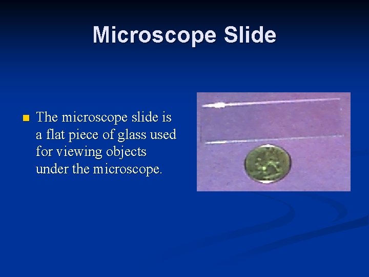 Microscope Slide n The microscope slide is a flat piece of glass used for