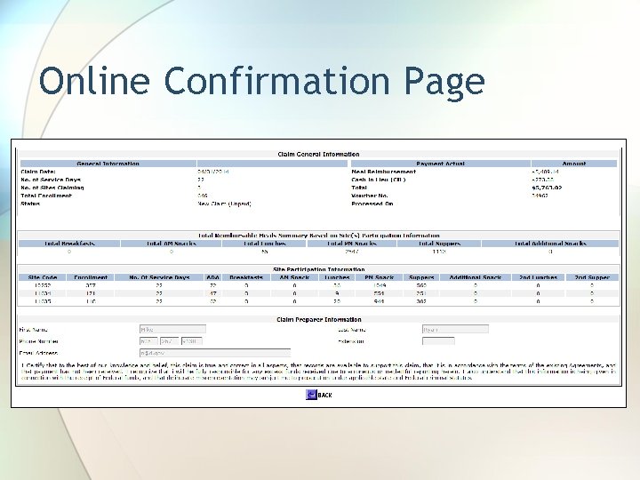 Online Confirmation Page 