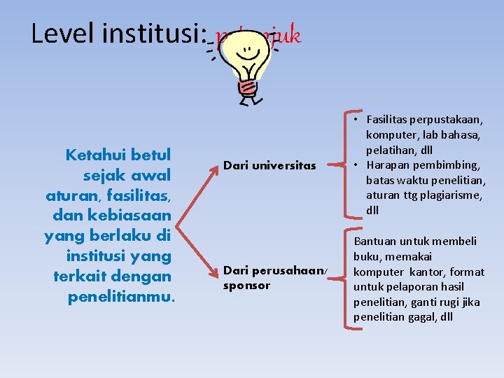 Level institusi: petunjuk Ketahui betul sejak awal aturan, fasilitas, dan kebiasaan yang berlaku di