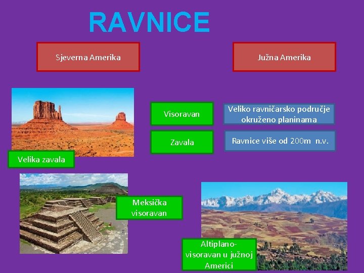 RAVNICE Sjeverna Amerika Južna Amerika Visoravan Veliko ravničarsko područje okruženo planinama Zavala Ravnice više