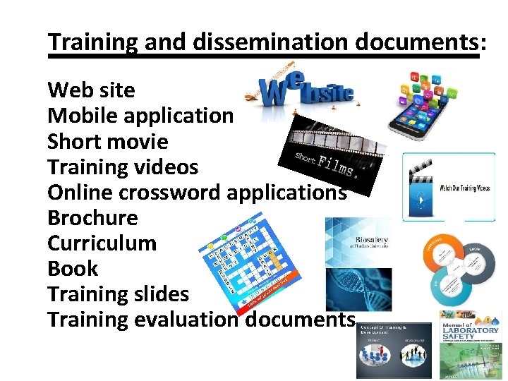 Training and dissemination documents: Web site Mobile application Short movie Training videos Online crossword