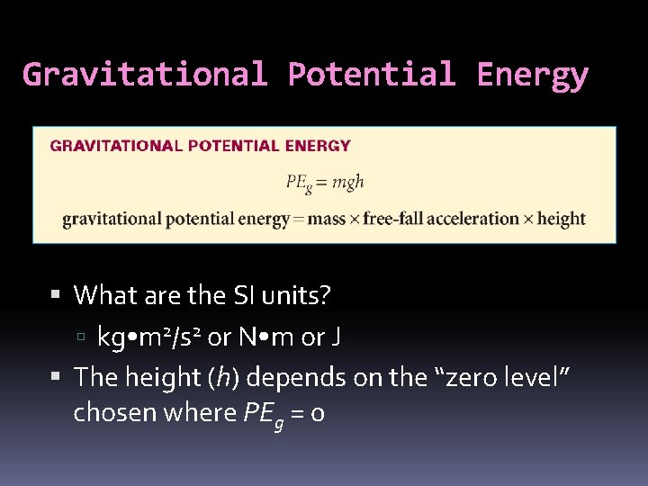 Gravitational Potential Energy What are the SI units? kg • m 2/s 2 or