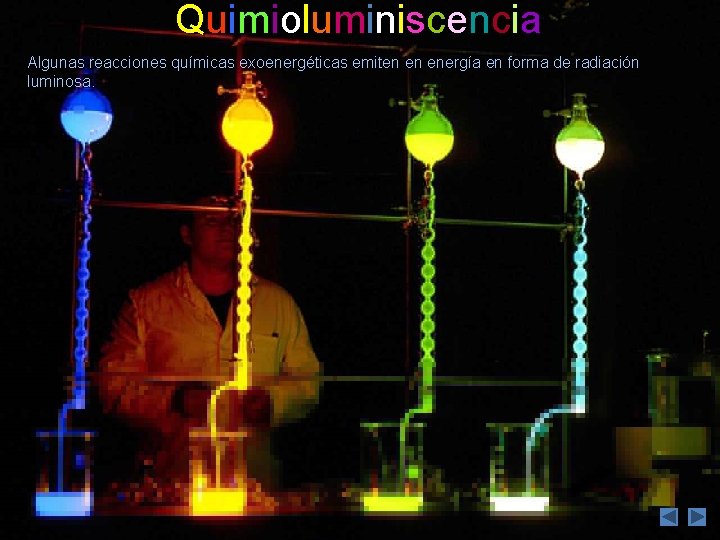 Quimioluminiscencia Algunas reacciones químicas exoenergéticas emiten en energía en forma de radiación luminosa. 