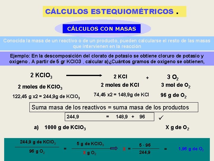 CÁLCULOS ESTEQUIOMÉTRICOS. CÁLCULOS CON MASAS Conocida la masa de un reactivo o de un